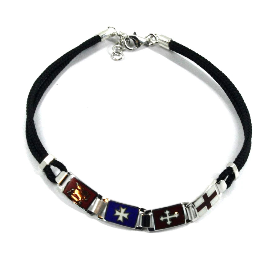 Bracciale Arcadia in argento 925 con bandiere delle Repubbliche Marinare smaltate a fuoco, spessore 6.5 mm e cordino nero in cotone, lunghezza 20.5 cm, Made in Italy