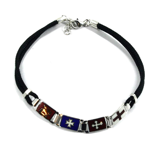 Bracciale Arcadia in argento 925 con bandiere delle Repubbliche Marinare smaltate a fuoco, spessore 6.5 mm e cordino nero in cotone, lunghezza 20.5 cm, Made in Italy