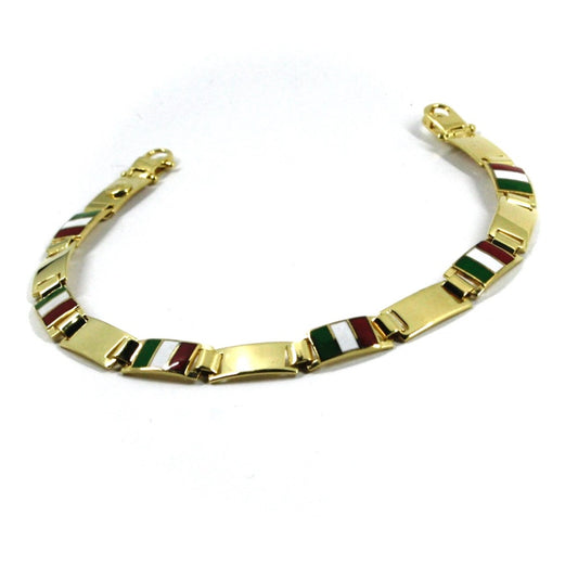 Bracciale Arcadia in argento 925 placcato oro giallo con bandiere Italiane, Italia smaltate a fuoco, spessore 6.5 mm, lunghezza 21 cm, Made in Italy