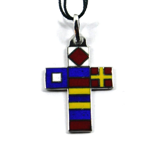 Arcadia-Kreuzanhänger, 28 x 19 mm, aus 925er Sterlingsilber mit emaillierten nautischen Flaggen, hergestellt in Italien