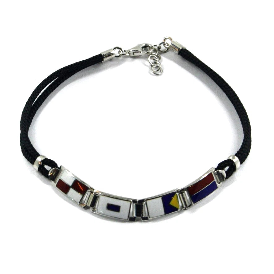 Bracciale Arcadia in argento 925 con bandiere nautiche smaltate a fuoco, spessore 6.5 mm, cordino nero, lunghezza 20.5 cm, Made in Italy