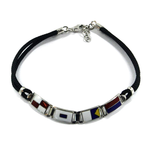 Bracciale Arcadia in argento 925 con bandiere nautiche smaltate a fuoco, spessore 6.5 mm, cordino nero, lunghezza 20.5 cm, Made in Italy
