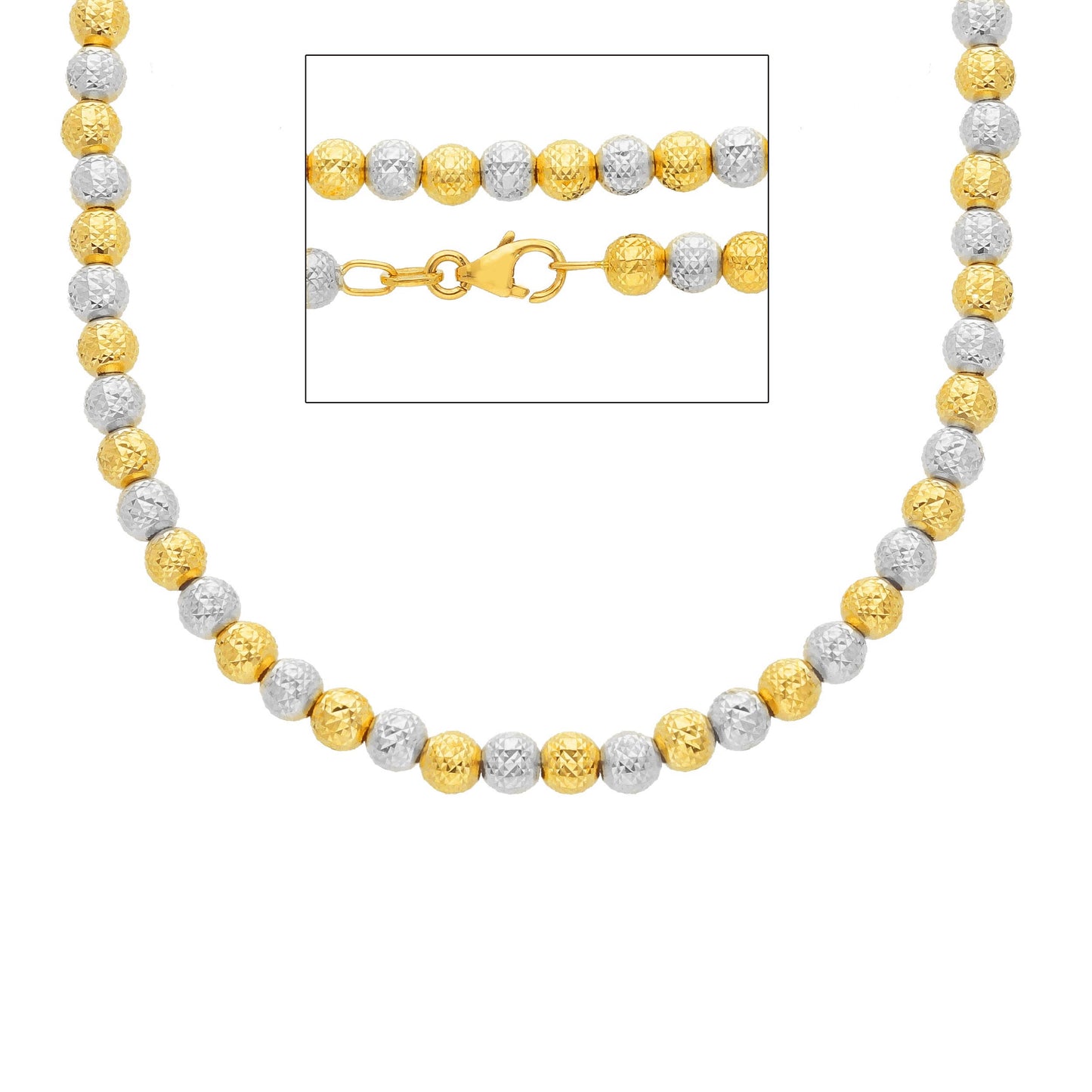 CATENA ORO IN GIALLO E BIANCO 18K, SFERE LAVORATE, SPESSORE 4 MM, 40-45-50 CM
