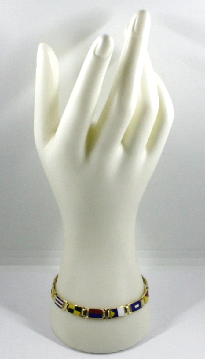 Arcadia-Armband aus 925er Sterlingsilber, gelbvergoldet und mit emaillierten nautischen Flaggen verziert, Stärke 6,5 mm, Länge 20,5 cm, hergestellt in Italien