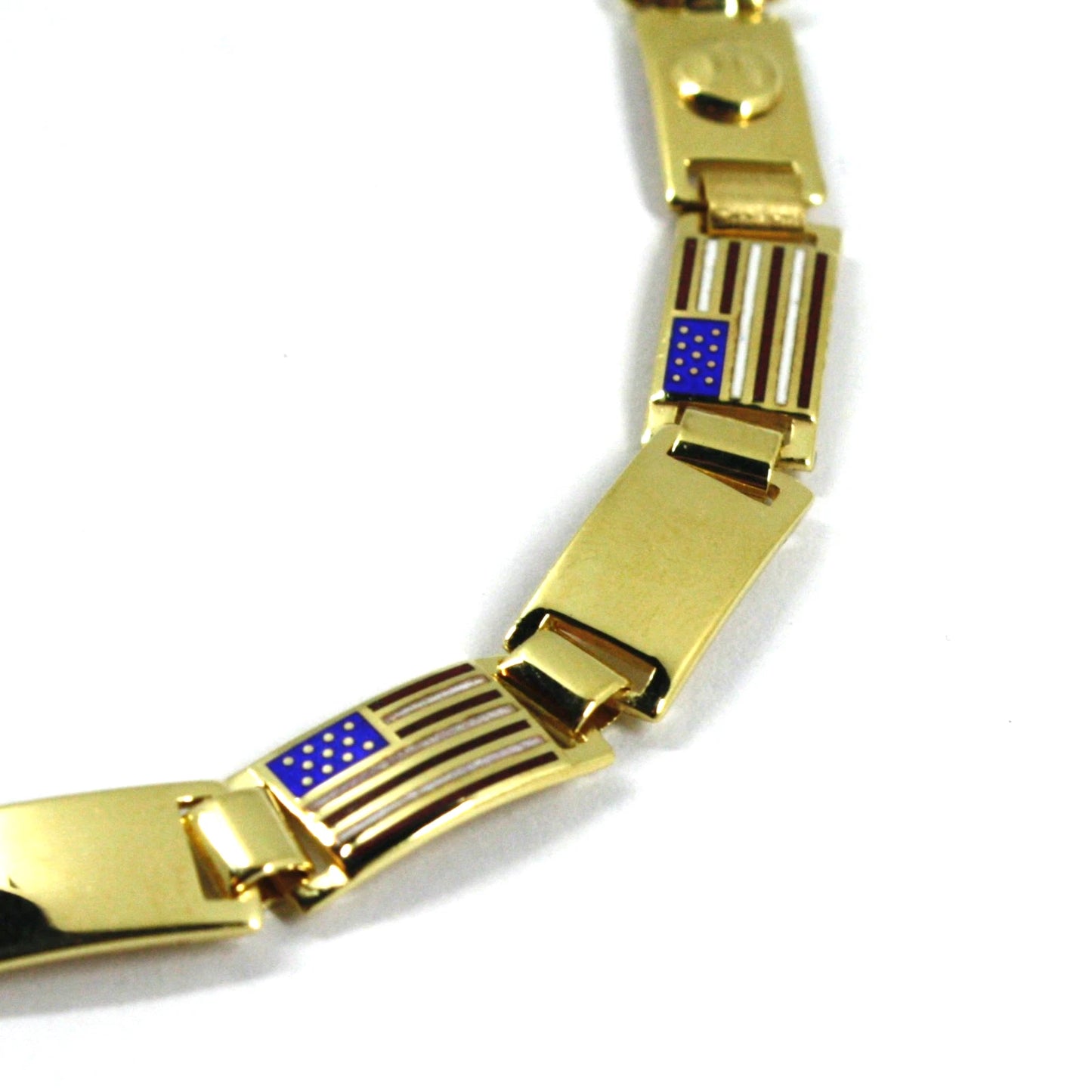 Bracciale Arcadia in argento 925 placcato oro giallo con bandiere USA America Stati Uniti smaltate a fuoco, spessore 6.5 mm, lunghezza 21 cm, Made in Italy