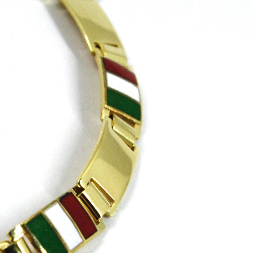 Bracciale Arcadia in argento 925 placcato oro giallo con bandiere Italiane, Italia smaltate a fuoco, spessore 6.5 mm, lunghezza 21 cm, Made in Italy
