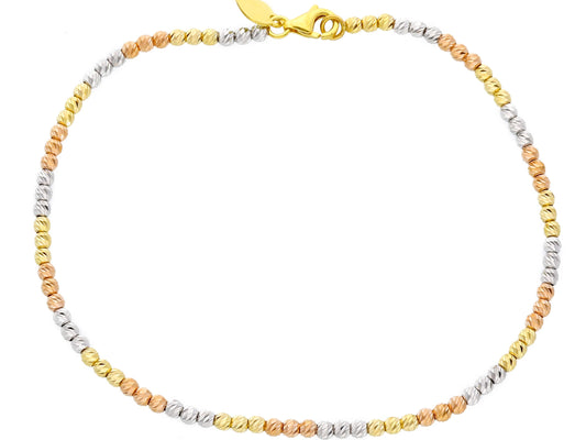 18K YELLOW, WHITE, ROSE GOLD BRACELET, WORKED SPHERES, DIAMETER 2.5 MM, 19-21CM 