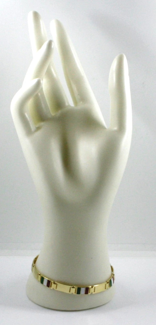 Bracciale Arcadia in argento 925 placcato oro giallo con bandiere Italiane, Italia smaltate a fuoco, spessore 6.5 mm, lunghezza 21 cm, Made in Italy