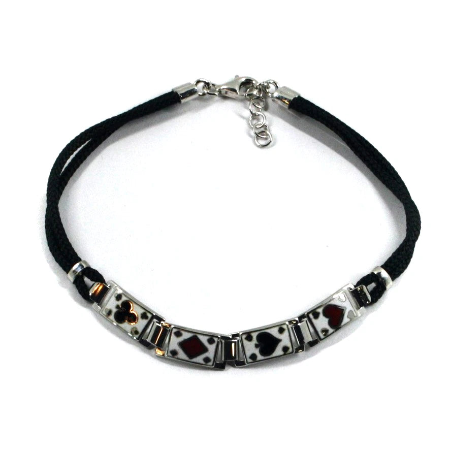 Bracciale Arcadia in argento 925 con simboli delle carte smaltate a fuoco, spessore 6.5 mm, cordino nero, lunghezza 20.5 cm, Made in Italy