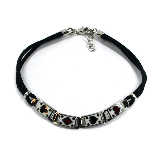 Bracciale Arcadia in argento 925 con simboli delle carte smaltate a fuoco, spessore 6.5 mm, cordino nero, lunghezza 20.5 cm, Made in Italy