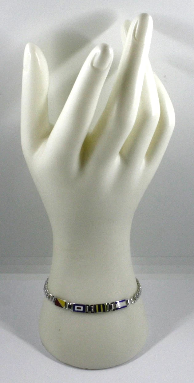 Bracciale Arcadia in argento 925 con bandiere nautiche smaltate a fuoco, spessore 5.5 mm, maglia groumette, lunghezza 19-20.5 cm, Made in Italy