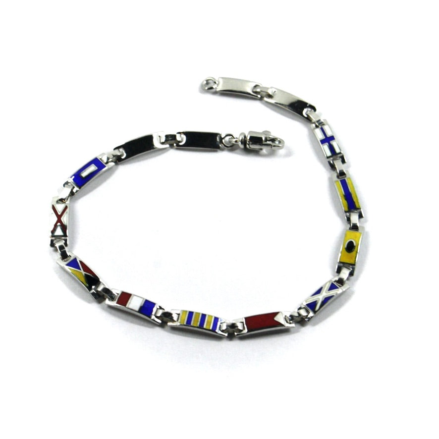 Arcadia-Armband aus 925er Silber mit emaillierten nautischen Flaggen, Stärke 3,5 mm, Länge 20,5 cm, hergestellt in Italien