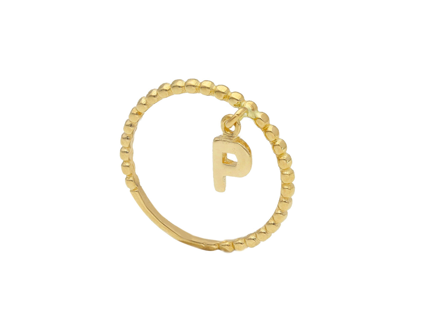 18K YELLOW GOLD RING, THREADED, SQUARE WITH DANGLING INITIAL LETTER