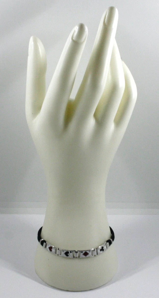 Bracciale Arcadia in argento 925 con simboli delle carte smaltate a fuoco, spessore 6.5 mm, cordino nero, lunghezza 20.5 cm, Made in Italy