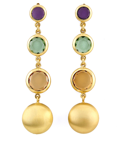 Orecchini pendenti Aquaforte in argento 925 placcati oro giallo con paste vitree nei toni arancione, verde e viole