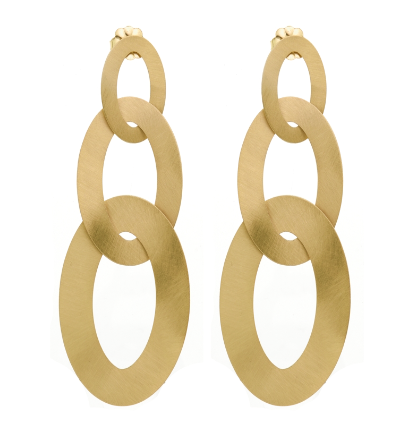 Grandi orecchini pendenti Aquaforte in argento 925, placcati oro giallo, triplo ovale lavorato, 11cm